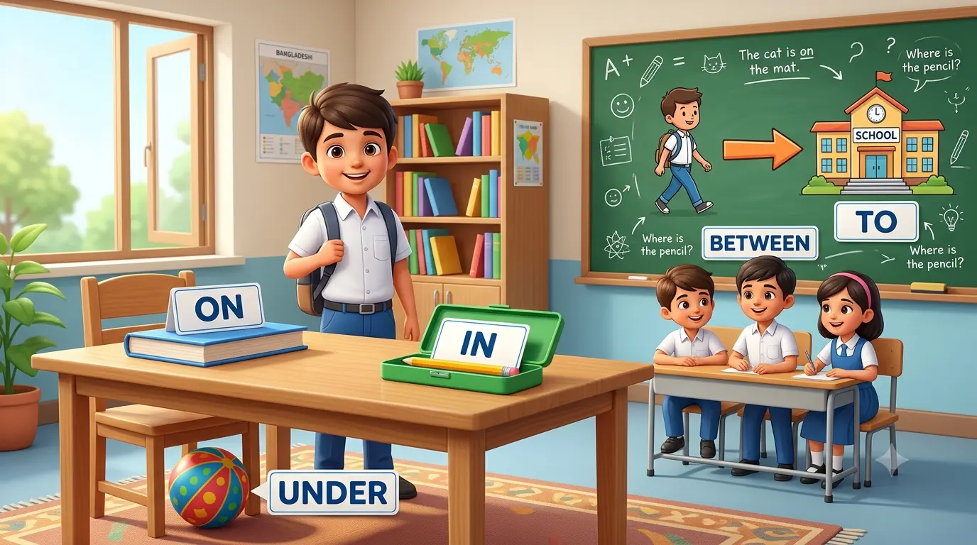 Preposition কাকে বলে? Preposition-এর প্রকারভেদ, ব্যবহার ও সহজ নিয়ম | Class 5-10 English Grammar